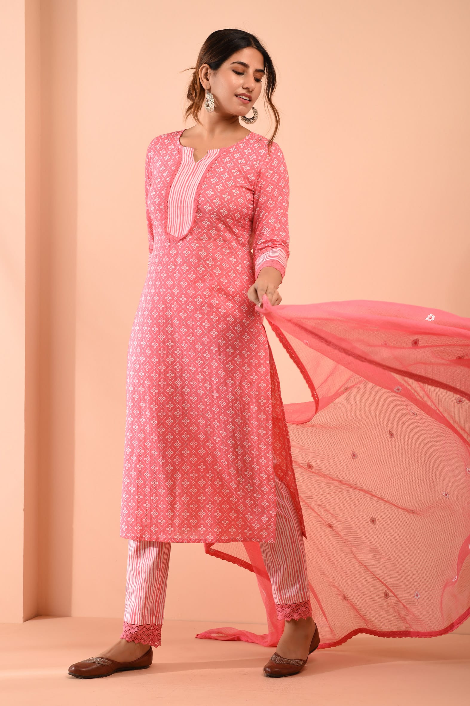 Block Printed Pink Cotton Suit with Embroidered Kota Doriya Dupatta- Set of 3 Bada Boota