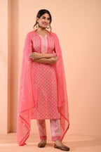 Block Printed Pink Cotton Suit with Embroidered Kota Doriya Dupatta- Set of 3 Bada Boota