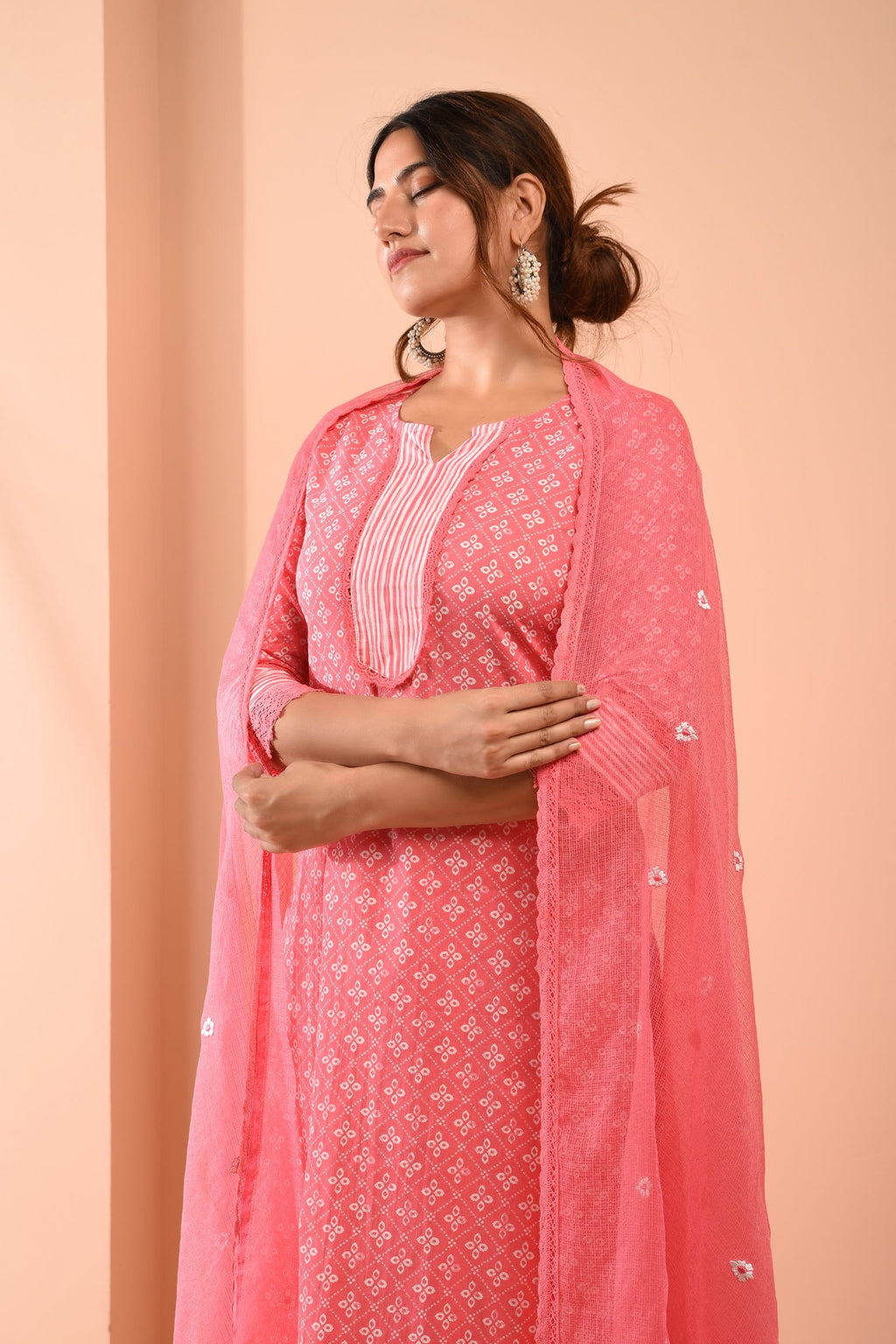 Block Printed Pink Cotton Suit with Embroidered Kota Doriya Dupatta- Set of 3 Bada Boota