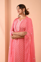 Block Printed Pink Cotton Suit with Embroidered Kota Doriya Dupatta- Set of 3 Bada Boota