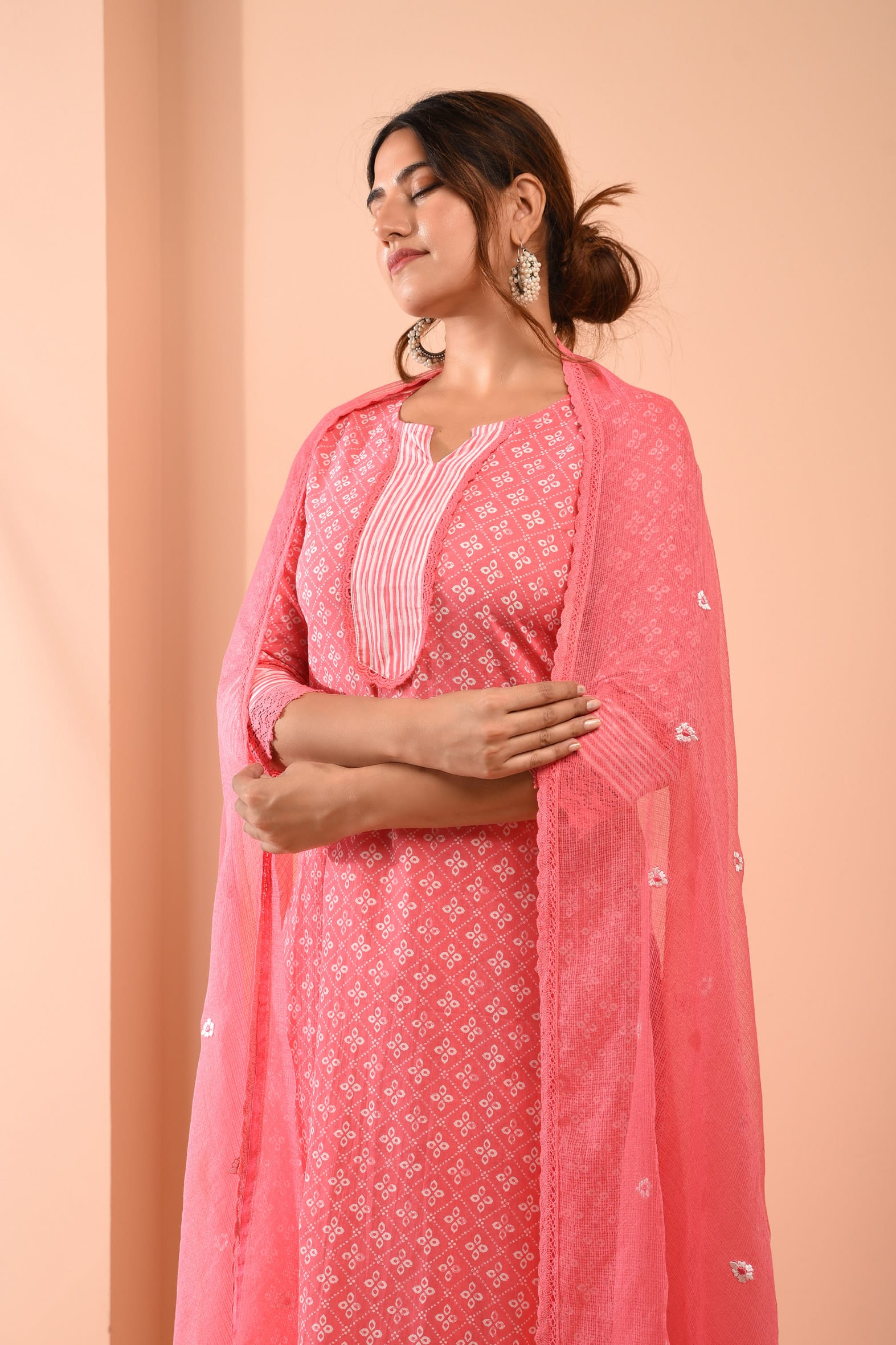 Block Printed Pink Cotton Suit with Embroidered Kota Doriya Dupatta- Set of 3 Bada Boota
