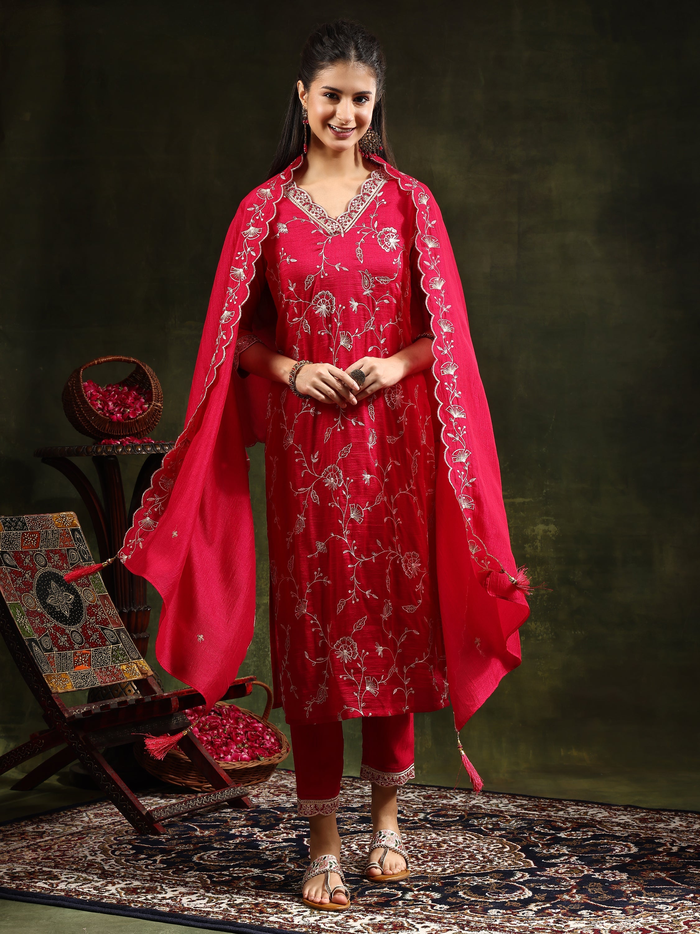 Full front Embroidered Kurta with pant & Embroidered  Dupatta (Red) Hiralal Fashion