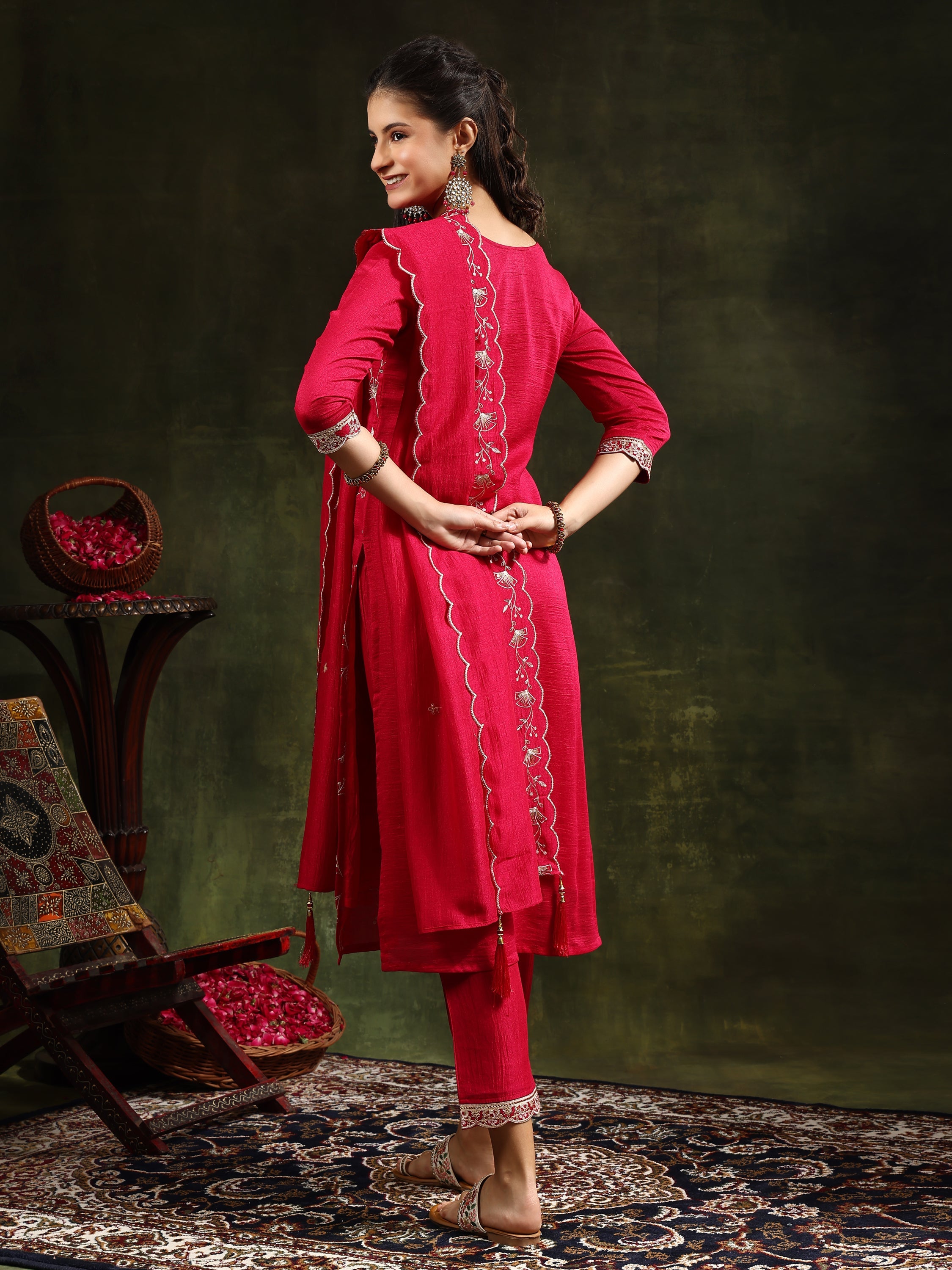 Full front Embroidered Kurta with pant & Embroidered  Dupatta (Red) Hiralal Fashion