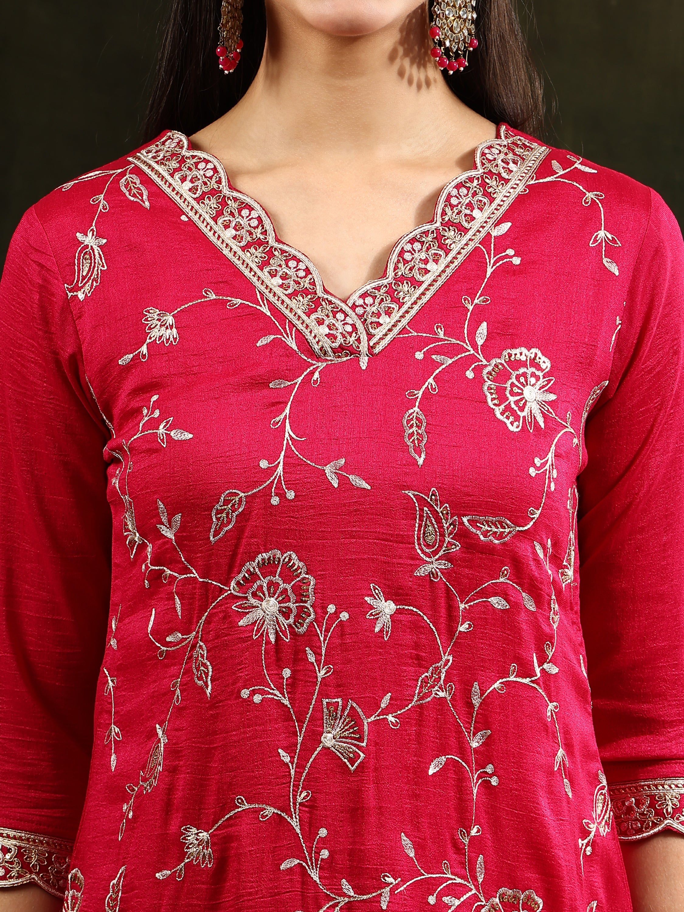Full front Embroidered Kurta with pant & Embroidered  Dupatta (Red) Hiralal Fashion