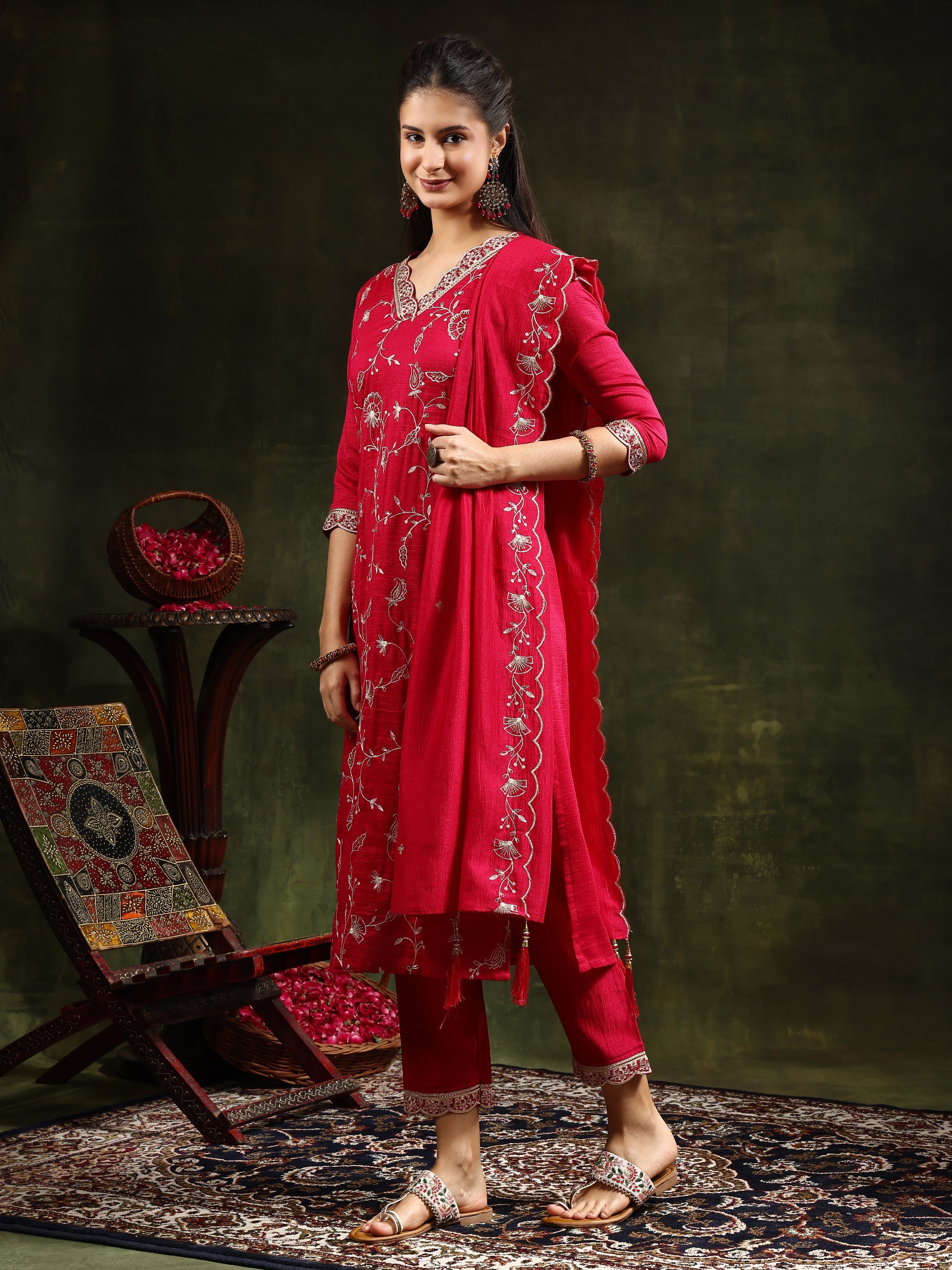Full front Embroidered Kurta with pant & Embroidered  Dupatta (Red) Hiralal Fashion