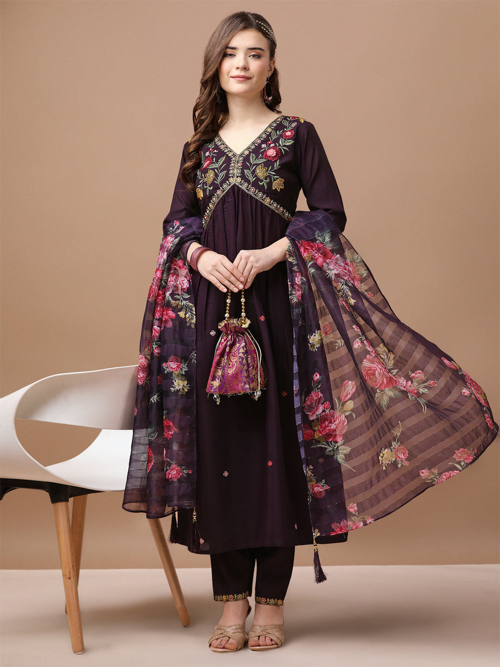 Alia Cut Hand Embroidered Kurta with Pant & Organza dupatta (Wine) Hiralal Fashion