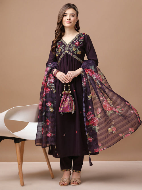 Alia Cut Hand Embroidered Kurta with Pant & Organza dupatta (Wine) Hiralal Fashion