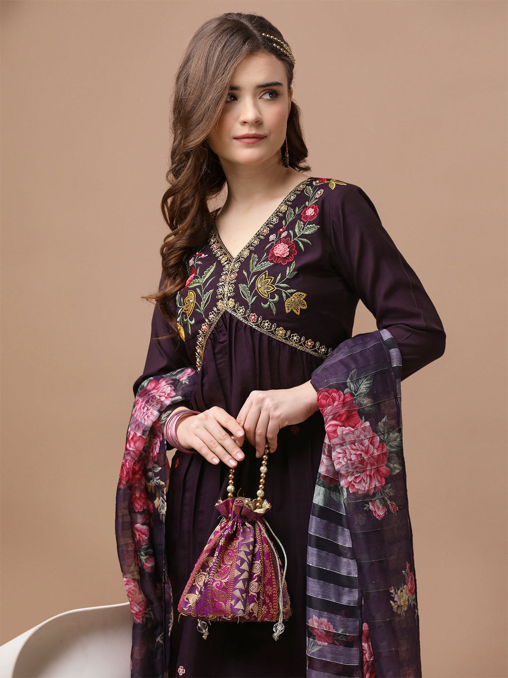 Alia Cut Hand Embroidered Kurta with Pant & Organza dupatta (Wine) Hiralal Fashion