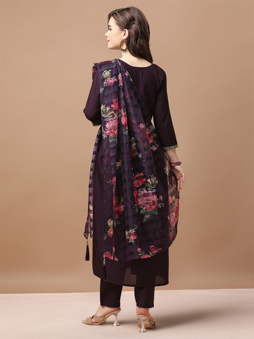 Alia Cut Hand Embroidered Kurta with Pant & Organza dupatta (Wine) Hiralal Fashion