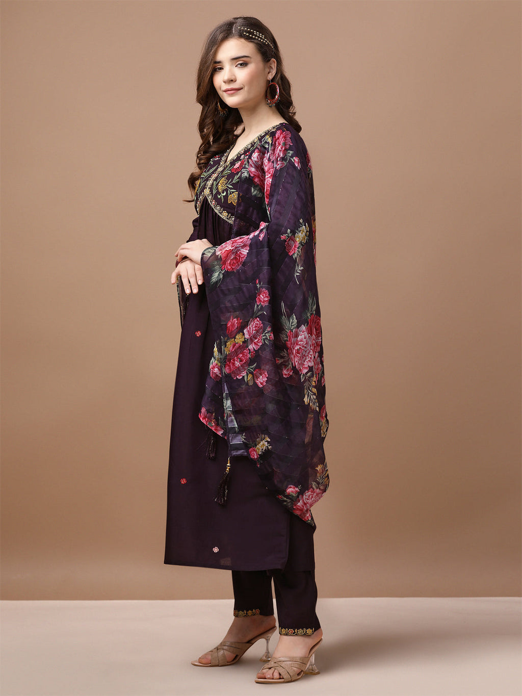 Alia Cut Hand Embroidered Kurta with Pant & Organza dupatta (Wine) Hiralal Fashion