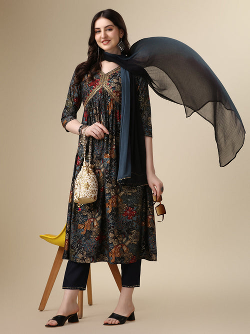 Berrylicious women Alia cut Printed & embroidered kurta with pant & dupatta set (Multicolor) Hiralal Fashion