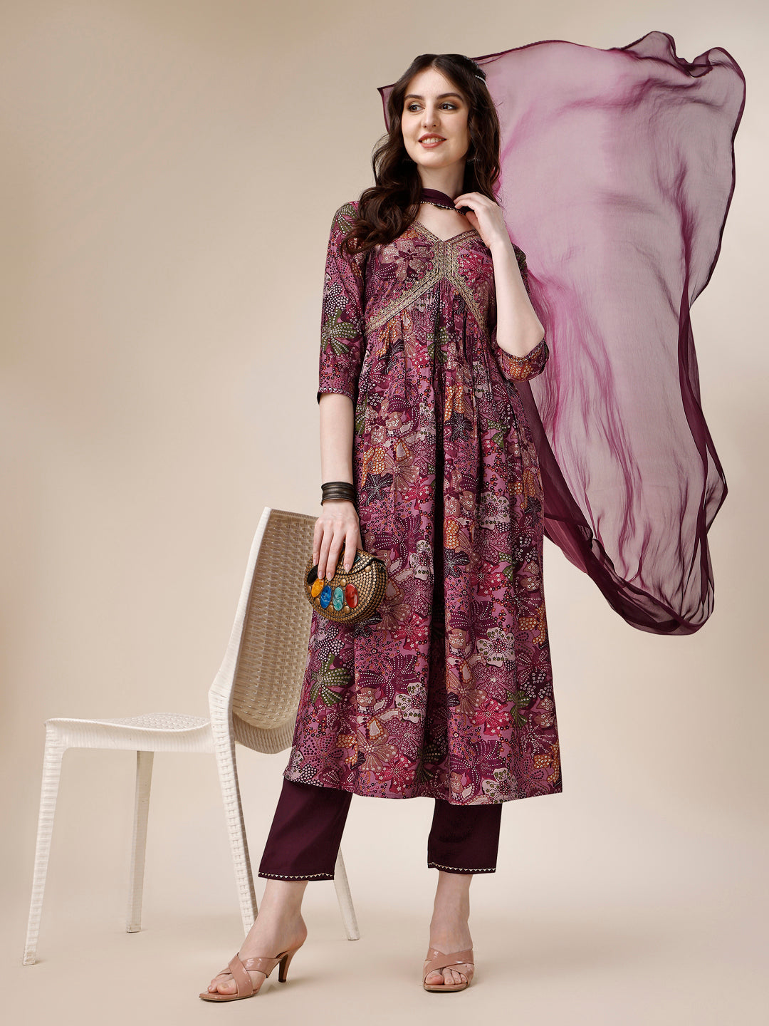 Berrylicious women Alia cut Printed & embroidered kurta with pant & dupatta set (Wine) Hiralal Fashion