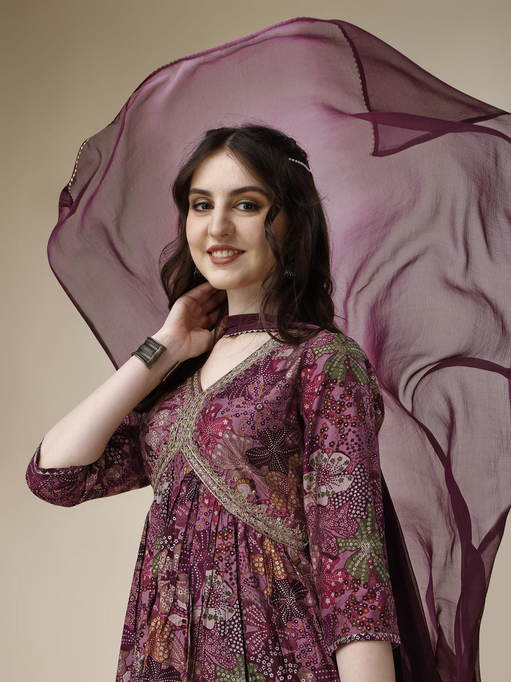 Berrylicious women Alia cut Printed & embroidered kurta with pant & dupatta set (Wine) Hiralal Fashion