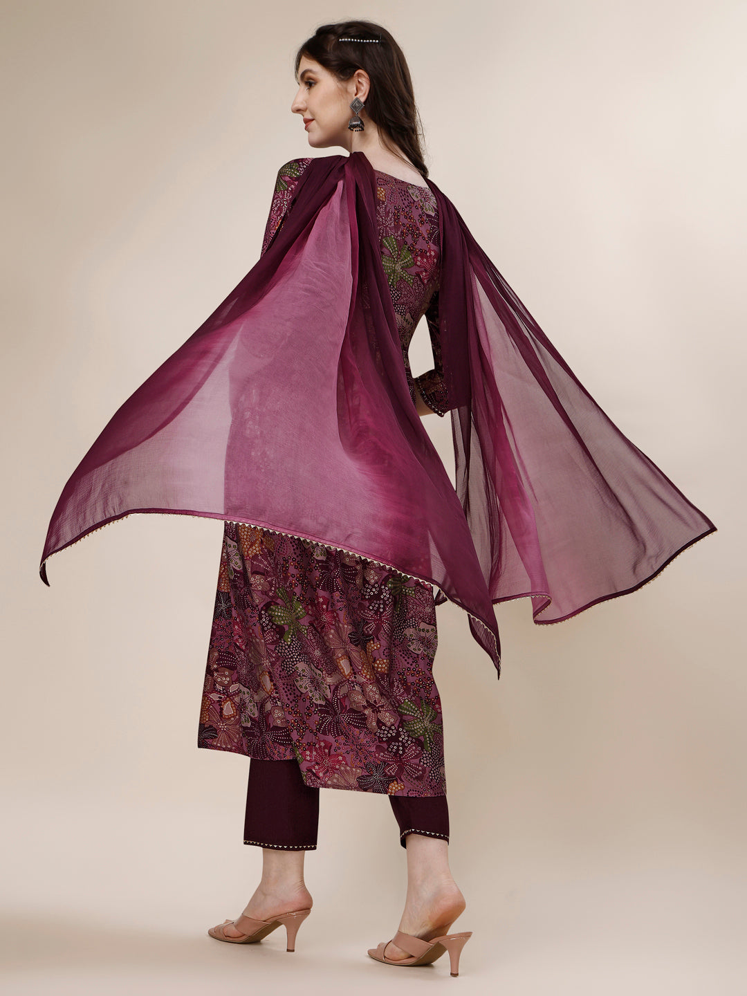 Berrylicious women Alia cut Printed & embroidered kurta with pant & dupatta set (Wine) Hiralal Fashion