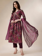 Berrylicious women Alia cut Printed & embroidered kurta with pant & dupatta set (Wine) Hiralal Fashion