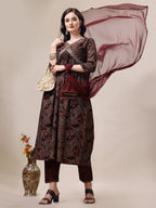 Berrylicious Women Floral Printed Alia Cut Kurta With Pant & Dupatta set (Maroon) Hiralal Fashion