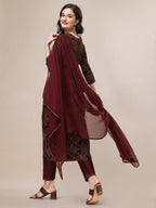 Berrylicious Women Floral Printed Alia Cut Kurta With Pant & Dupatta set (Maroon) Hiralal Fashion