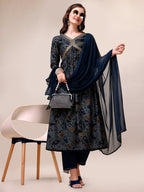 Women Floral Printed & Embroidered Alia cut kurta with pant & dupatta set (Blue) Hiralal Fashion