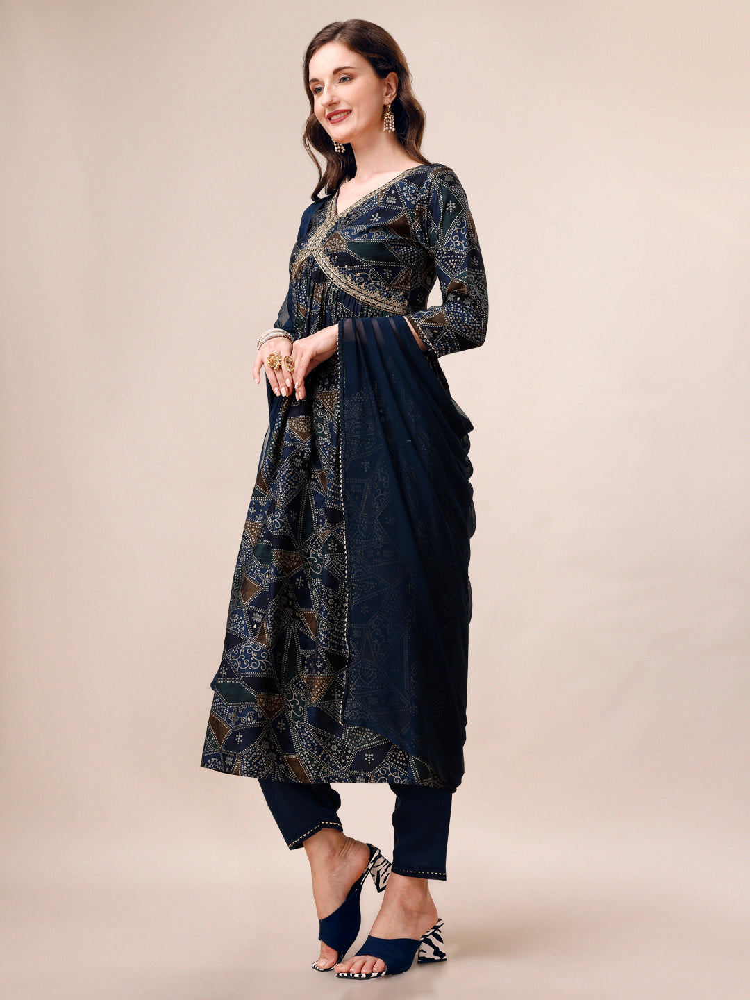 Women Floral Printed & Embroidered Alia cut kurta with pant & dupatta set (Blue) Hiralal Fashion