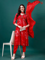 Alia Cut Hand Embroidered & Floral Printed Kurta with pant & dupatta (Red) Hiralal Fashion