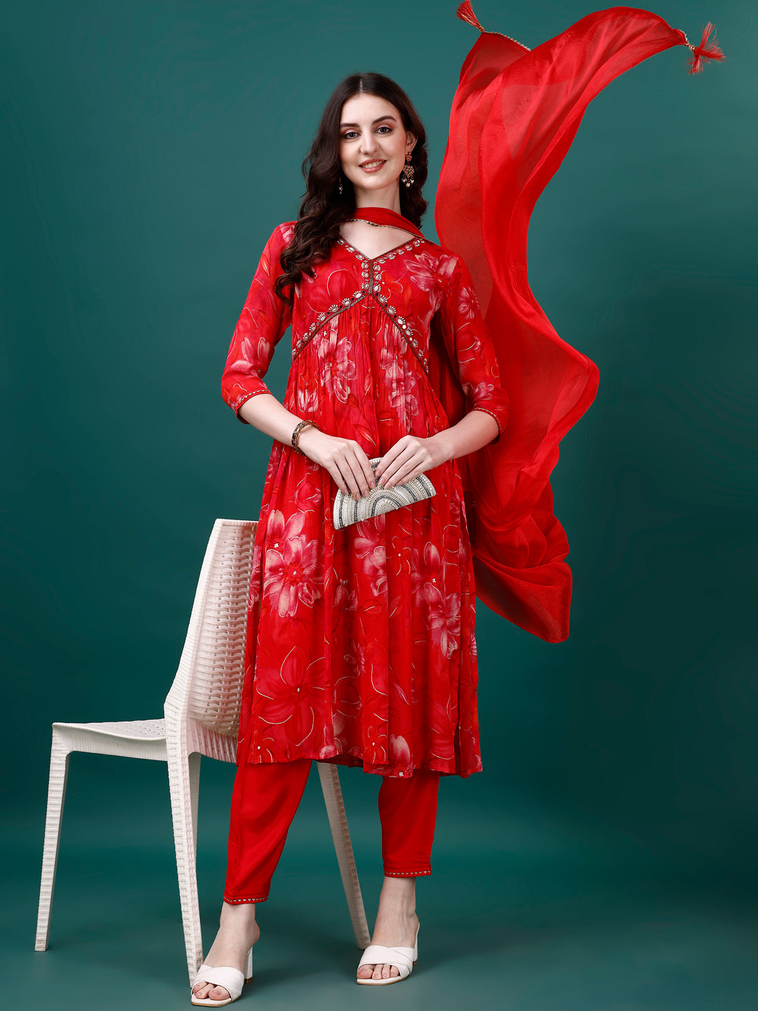 Alia Cut Hand Embroidered & Floral Printed Kurta with pant & dupatta (Red) Hiralal Fashion