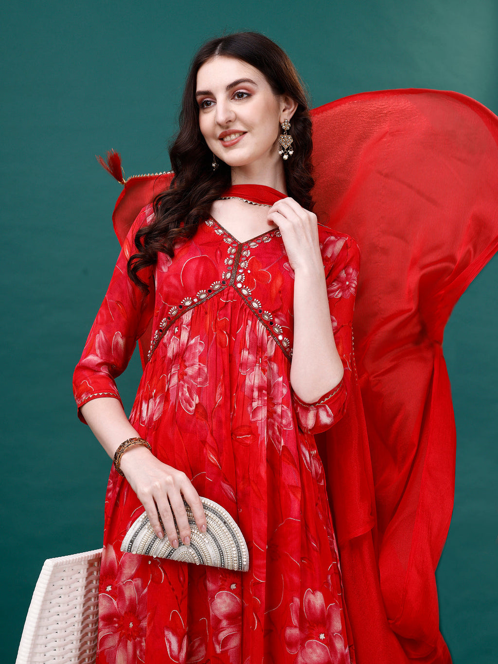 Alia Cut Hand Embroidered & Floral Printed Kurta with pant & dupatta (Red) Hiralal Fashion
