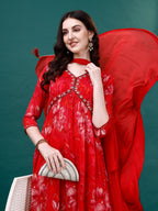 Alia Cut Hand Embroidered & Floral Printed Kurta with pant & dupatta (Red) Hiralal Fashion