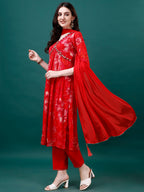 Alia Cut Hand Embroidered & Floral Printed Kurta with pant & dupatta (Red) Hiralal Fashion