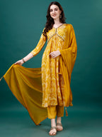 Alia Cut Hand Embroidered & Floral Printed Kurta with pant & dupatta (Yellow) Hiralal Fashion