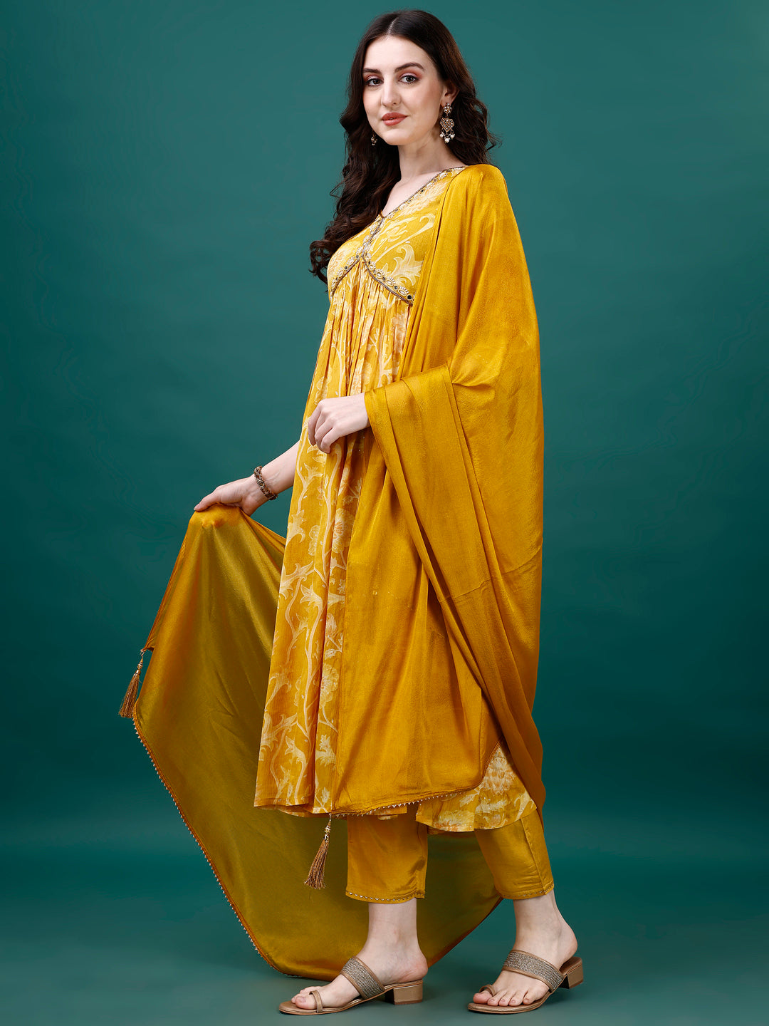 Alia Cut Hand Embroidered & Floral Printed Kurta with pant & dupatta (Yellow) Hiralal Fashion