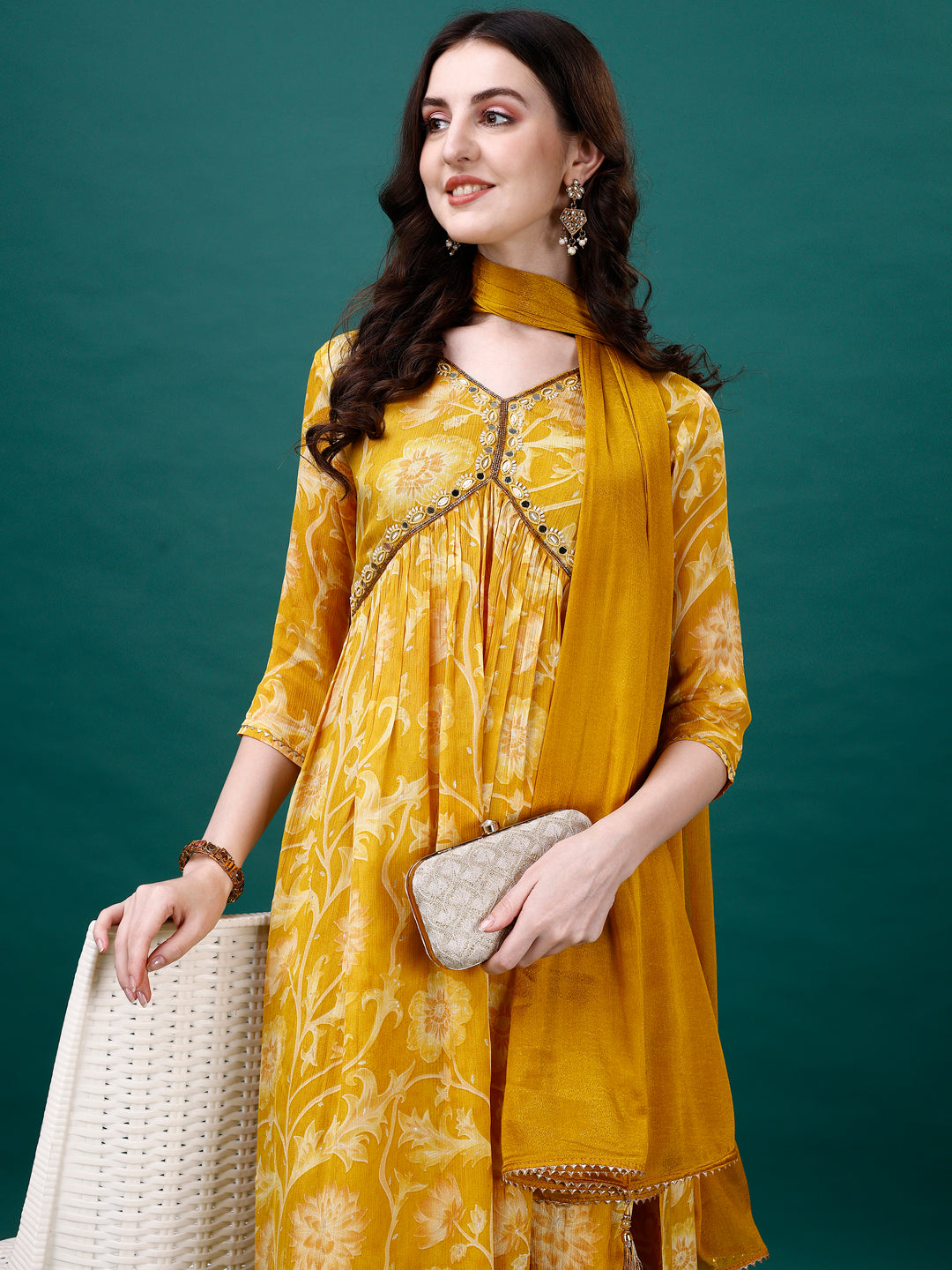 Alia Cut Hand Embroidered & Floral Printed Kurta with pant & dupatta (Yellow) Hiralal Fashion