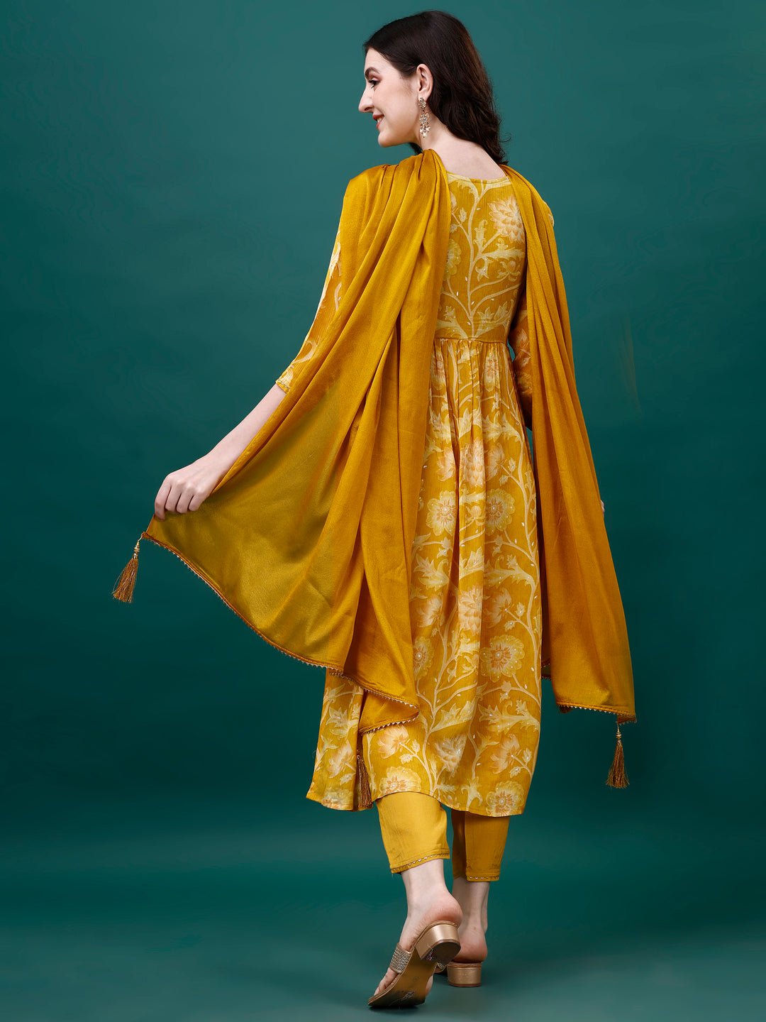 Alia Cut Hand Embroidered & Floral Printed Kurta with pant & dupatta (Yellow) Hiralal Fashion
