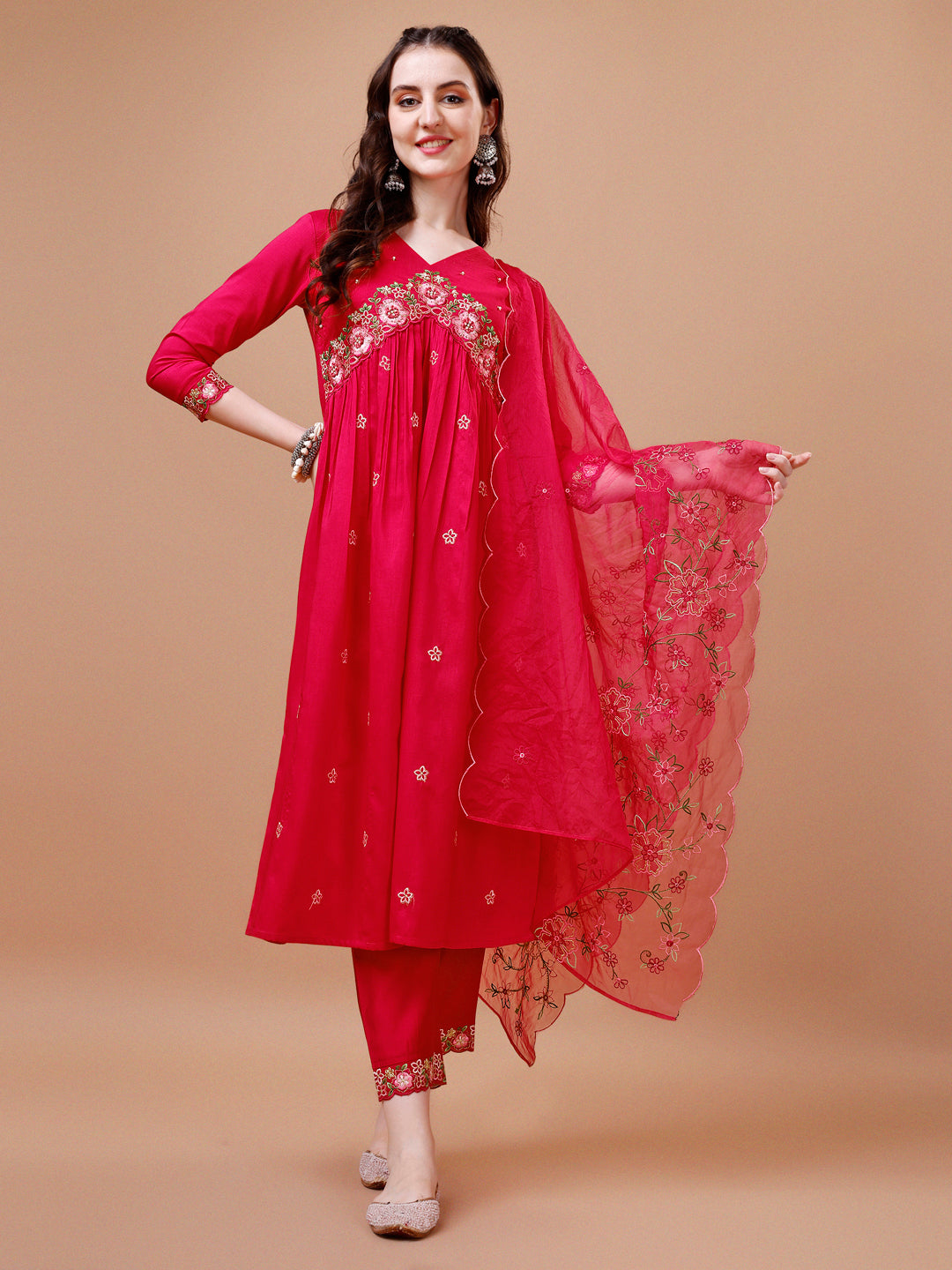 Alia Cut Embroidered Kurta with Pant & Organza Embroidered Dupatta  (Pink) Hiralal Fashion