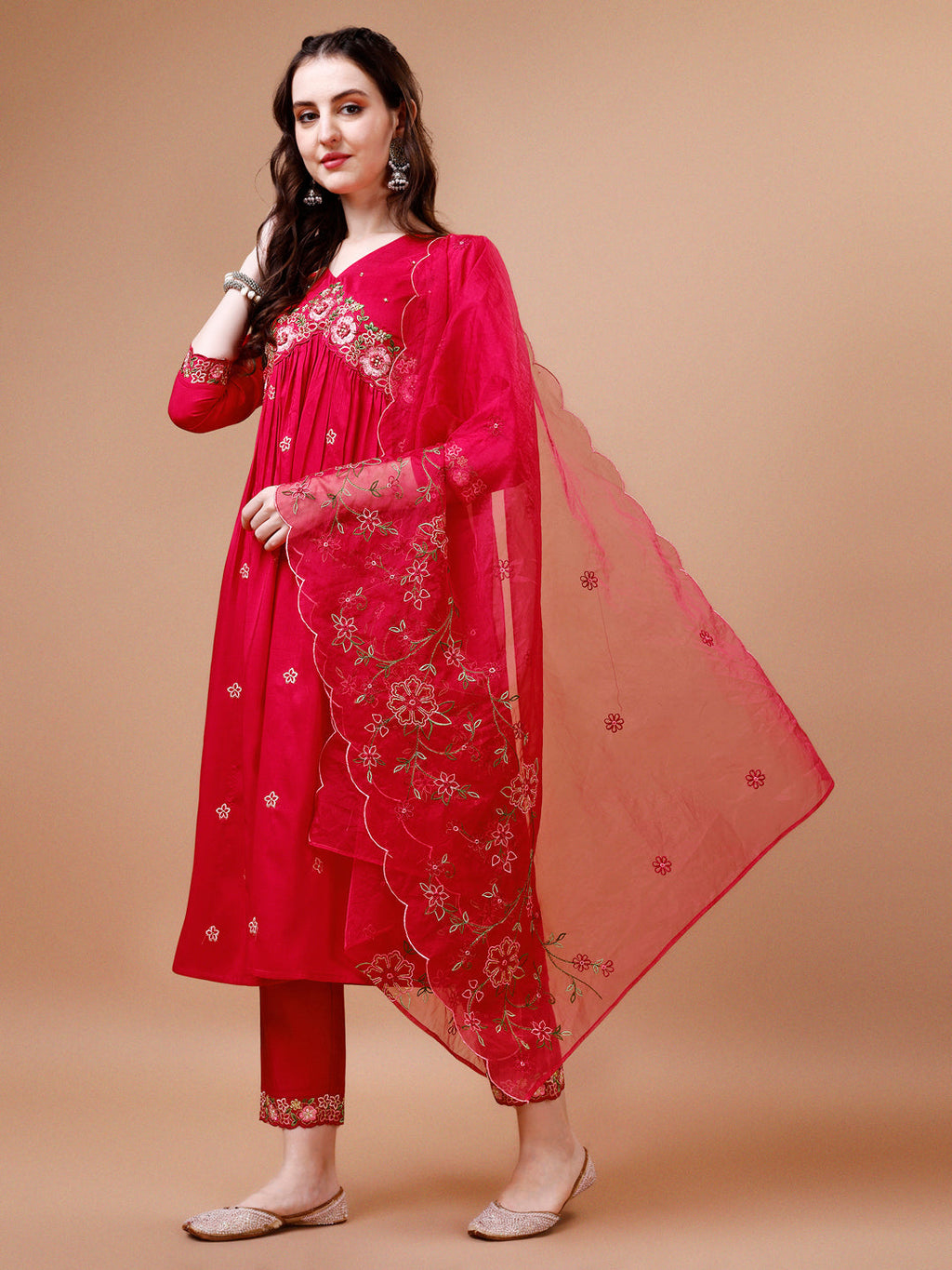 Alia Cut Embroidered Kurta with Pant & Organza Embroidered Dupatta  (Pink) Hiralal Fashion