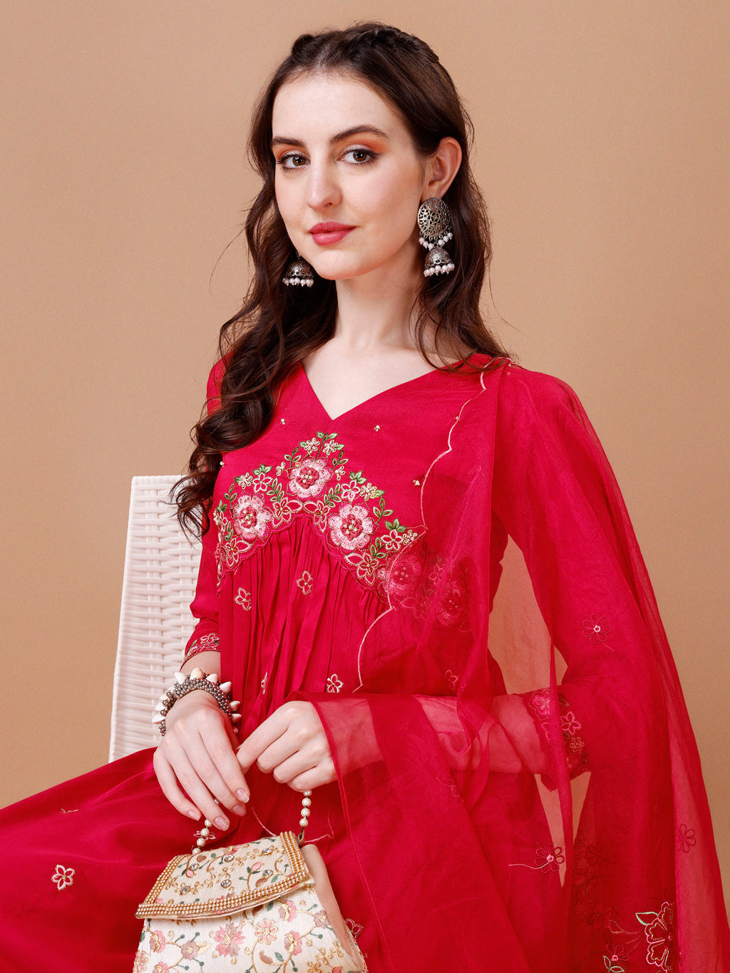 Alia Cut Embroidered Kurta with Pant & Organza Embroidered Dupatta  (Pink) Hiralal Fashion