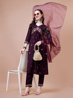 Alia Cut Embroidered Kurta with Pant & Organza Embroidered Dupatta  (Wine) Hiralal Fashion