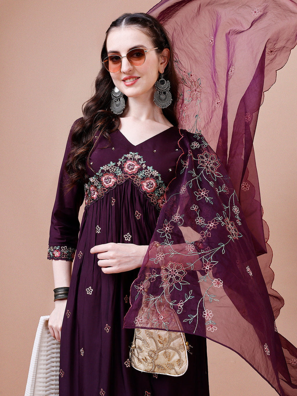 Alia Cut Embroidered Kurta with Pant & Organza Embroidered Dupatta  (Wine) Hiralal Fashion