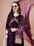 Alia Cut Embroidered Kurta with Pant & Organza Embroidered Dupatta  (Wine) Hiralal Fashion