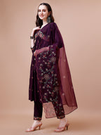 Alia Cut Embroidered Kurta with Pant & Organza Embroidered Dupatta  (Wine) Hiralal Fashion