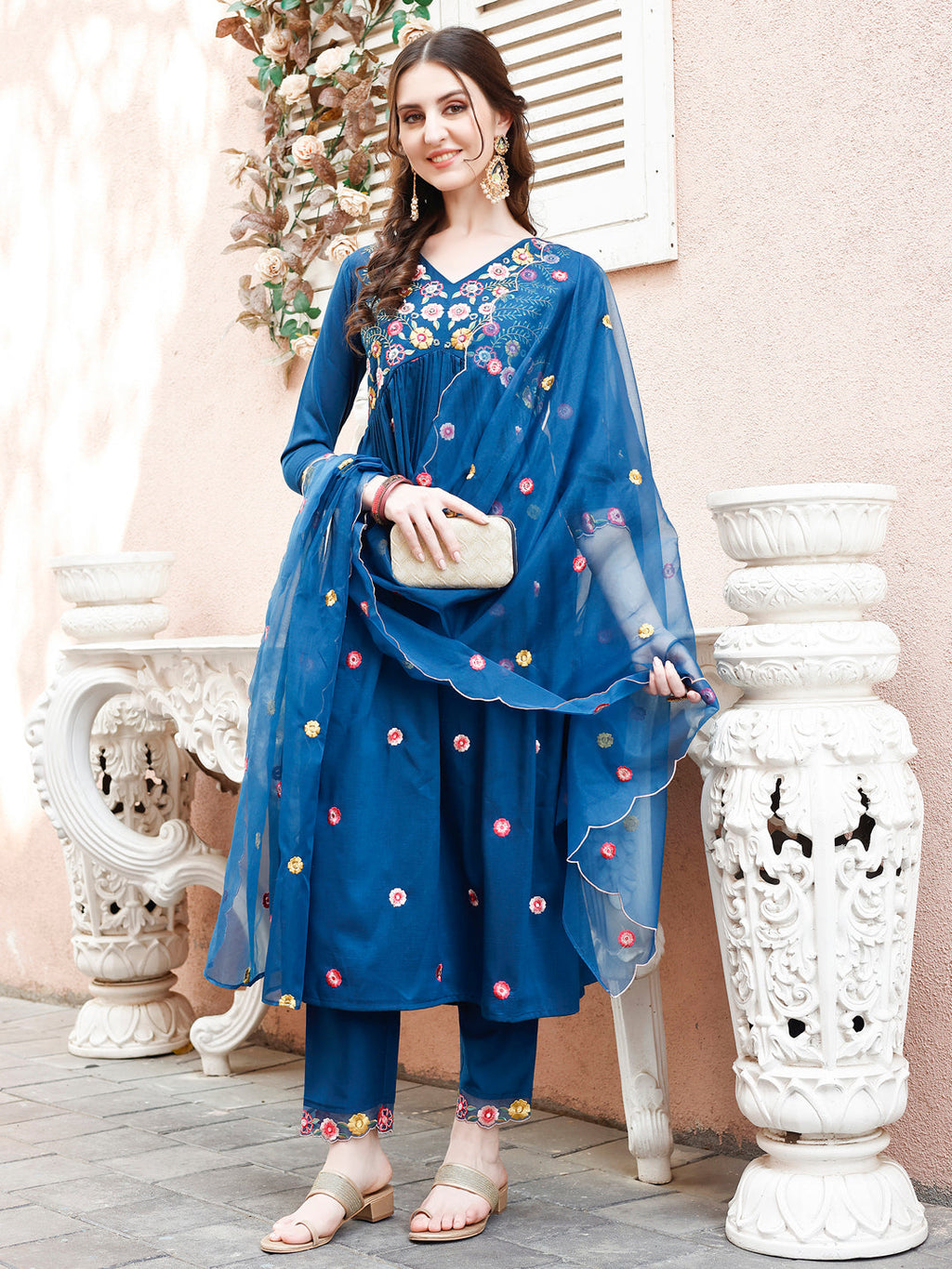 Alia Cut Embroidered Kurta with Pant & Organza Embroidered Dupatta  (Blue) Hiralal Fashion