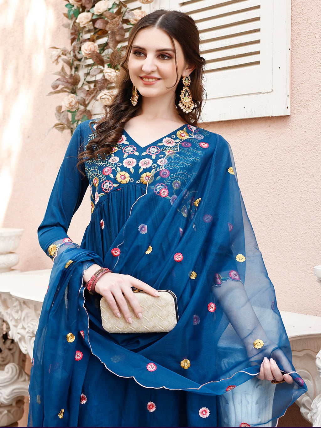 Alia Cut Embroidered Kurta with Pant & Organza Embroidered Dupatta  (Blue) Hiralal Fashion