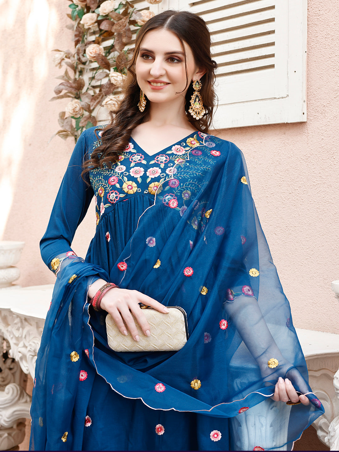 Alia Cut Embroidered Kurta with Pant & Organza Embroidered Dupatta  (Blue) Hiralal Fashion