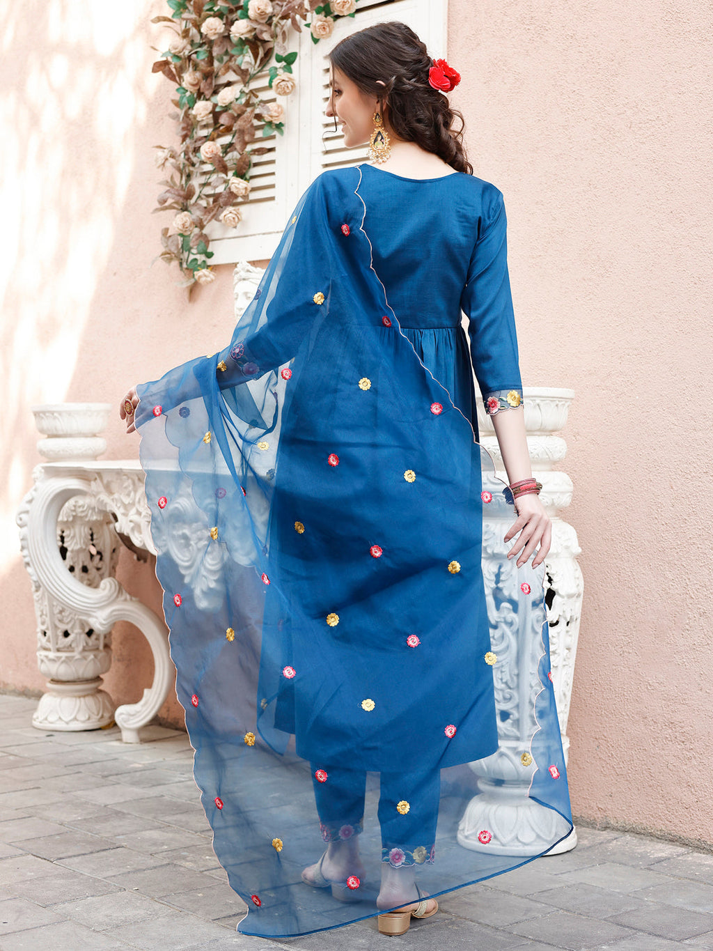 Alia Cut Embroidered Kurta with Pant & Organza Embroidered Dupatta  (Blue) Hiralal Fashion