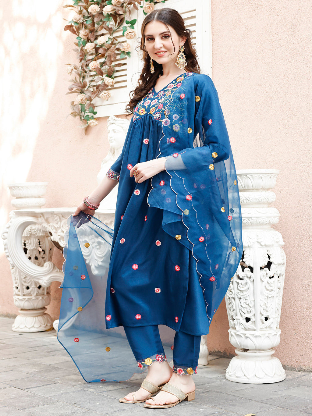 Alia Cut Embroidered Kurta with Pant & Organza Embroidered Dupatta  (Blue) Hiralal Fashion
