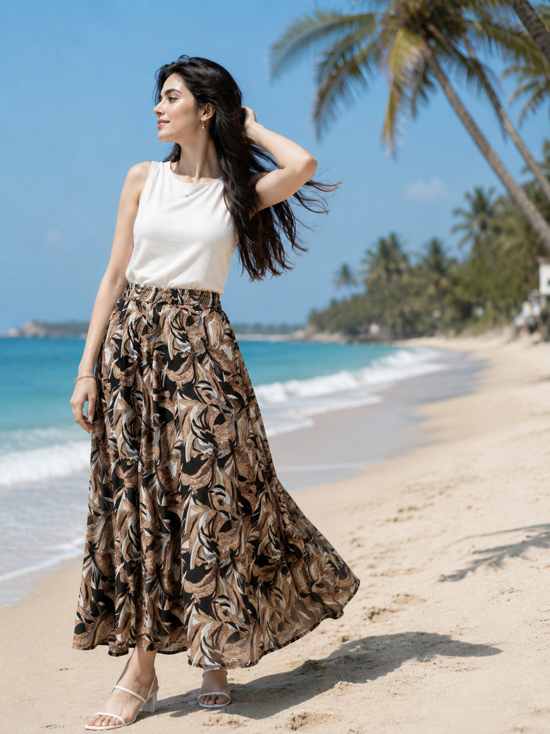Women Brown Abstract Printed Flared Palazzo | Wide Leg Palazzo Pants The house of prints