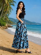Women's Blue Abstract Printed Flared Palazzo – Elegant Wide Leg Palazzo Pants Divyabhumi
